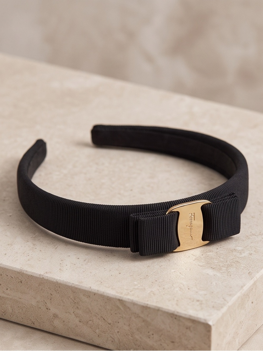 Salvatore Ferragamo Black Grosgrain Belt with Gold Logo Buckle